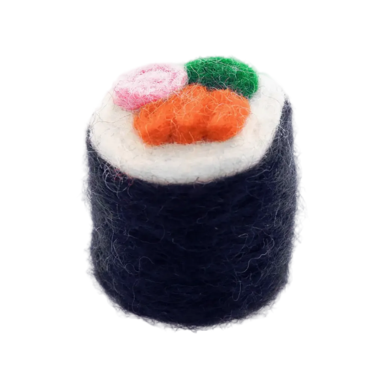 The Foggy Dog’s Sushi Cat Toy California Roll is a round, felted wool cat toy with colorful “toppings,” handcrafted for play and stylish enough to double as cute décor against any plain white background.