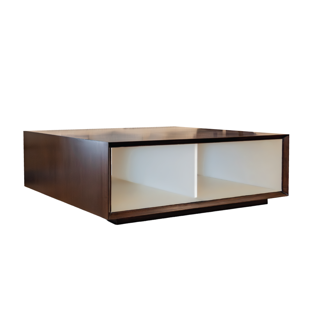 Crafted from solid walnut, the Hadley Square Cocktail Table by Hickory Chair boasts a refined, minimalist design with a square silhouette in a dark brown finish. Its open front storage compartment is divided by a central vertical panel, set against a striking white backdrop. This cocktail table effortlessly blends style and functionality to complement modern living spaces.