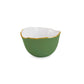 A small, round green ceramic bowl with a white interior and wavy gold rim from the Encanto Leaf Green & White Serveware Collection by Beatriz Ball, shown against a plain white background.
