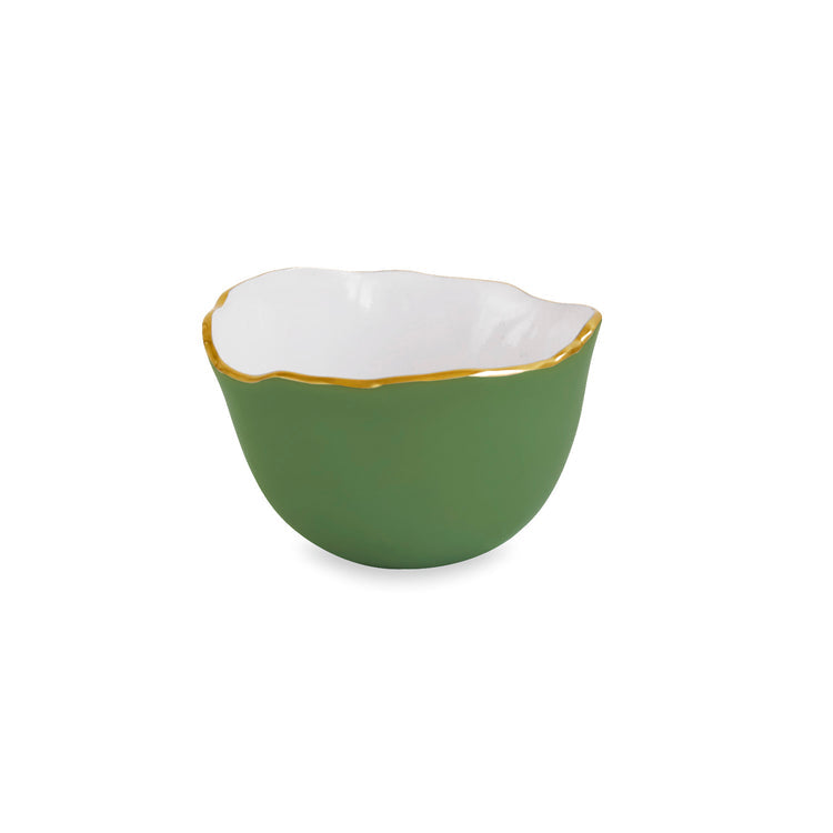 A small, round green ceramic bowl with a white interior and wavy gold rim from the Encanto Leaf Green & White Serveware Collection by Beatriz Ball, shown against a plain white background.
