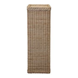 The Braided Square Pedestal by Mainly Baskets Home is a tall, rectangular wicker basket with a tight weave and braided trim at the top and bottom, displayed against a white background.