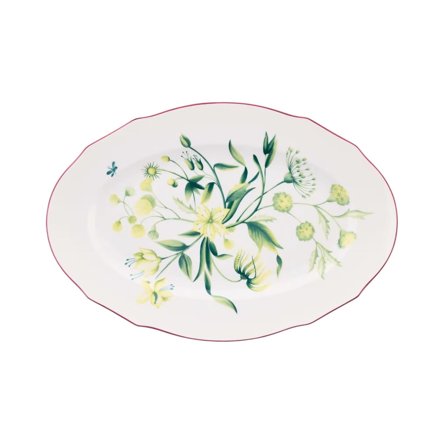 Oval white porcelain plate from Ginori 1735's Florenza Impero Dinnerware Collection, featuring a red rim, green and yellow floral and leaf motifs, and a small blue insect design.