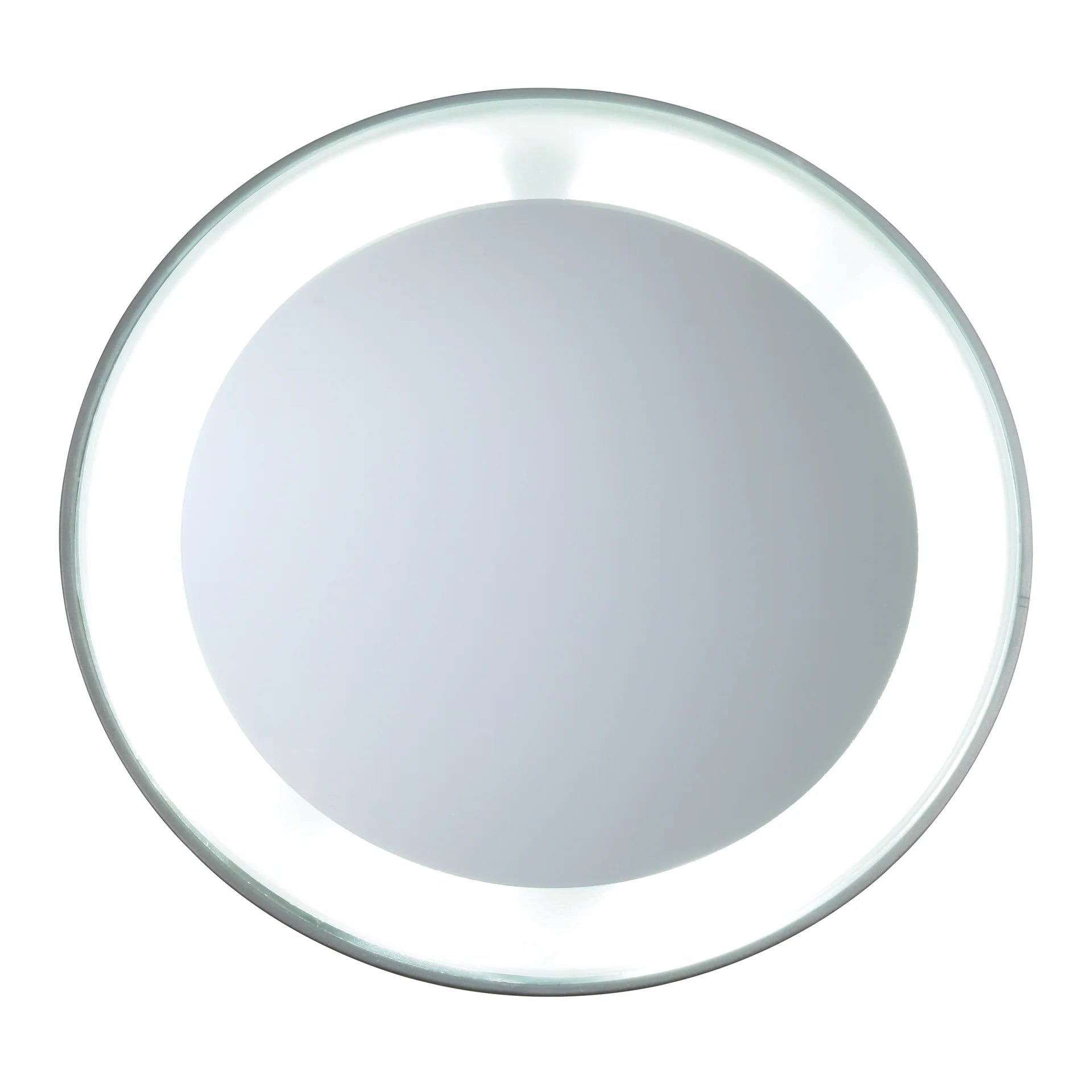 The Tweezerman LED Lighted 15X Mirror features an illuminated LED ring and offers 15x magnification for precise grooming and flawless makeup application, shown here against a white background.