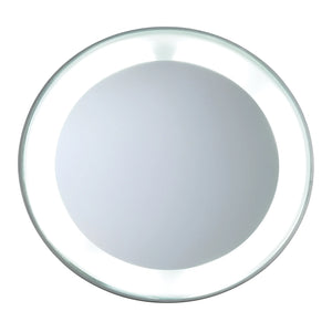 The Tweezerman LED Lighted 15X Mirror features an illuminated LED ring and offers 15x magnification for precise grooming and flawless makeup application, shown here against a white background.