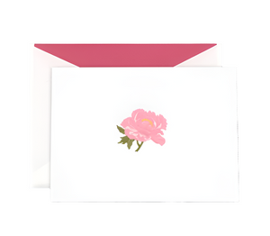 The Crane Peony Classic Note Card Set by Crane features a white card with a pink peony design and comes with a white envelope lined in elegant pink—perfect for thoughtful notecards.