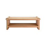 The Matthew Coffee Table by Made Goods features a rectangular raffia design with rounded edges, a unique shape, and an open lower shelf, shown from the front against a white background.