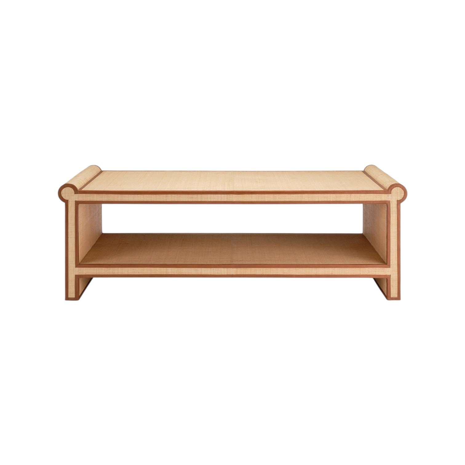 The Matthew Coffee Table by Made Goods features a rectangular raffia design with rounded edges, a unique shape, and an open lower shelf, shown from the front against a white background.