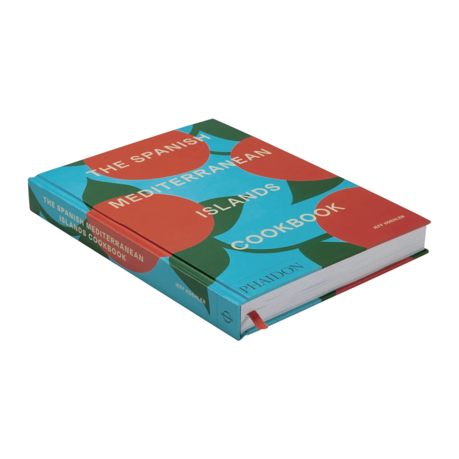 The Spanish Mediterranean Islands Cookbook by Phaidon features Mediterranean recipes and a colorful abstract hardcover design with red, green, and blue accents.