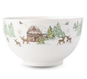 White ceramic bowl from the Juliska Berry & Thread North Pole Serveware Collection, featuring a painted winter scene of a cabin, evergreen trees, and reindeer.