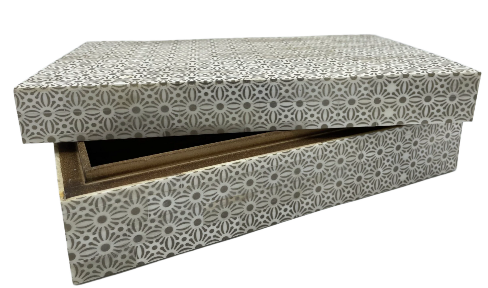 The Bojay Etched Medium Box features a rectangular shape with a partially open lid, revealing a dark interior. Its handmade bone inlay displays elegant grey and white geometric floral patterns, perfect for stylish home decor.