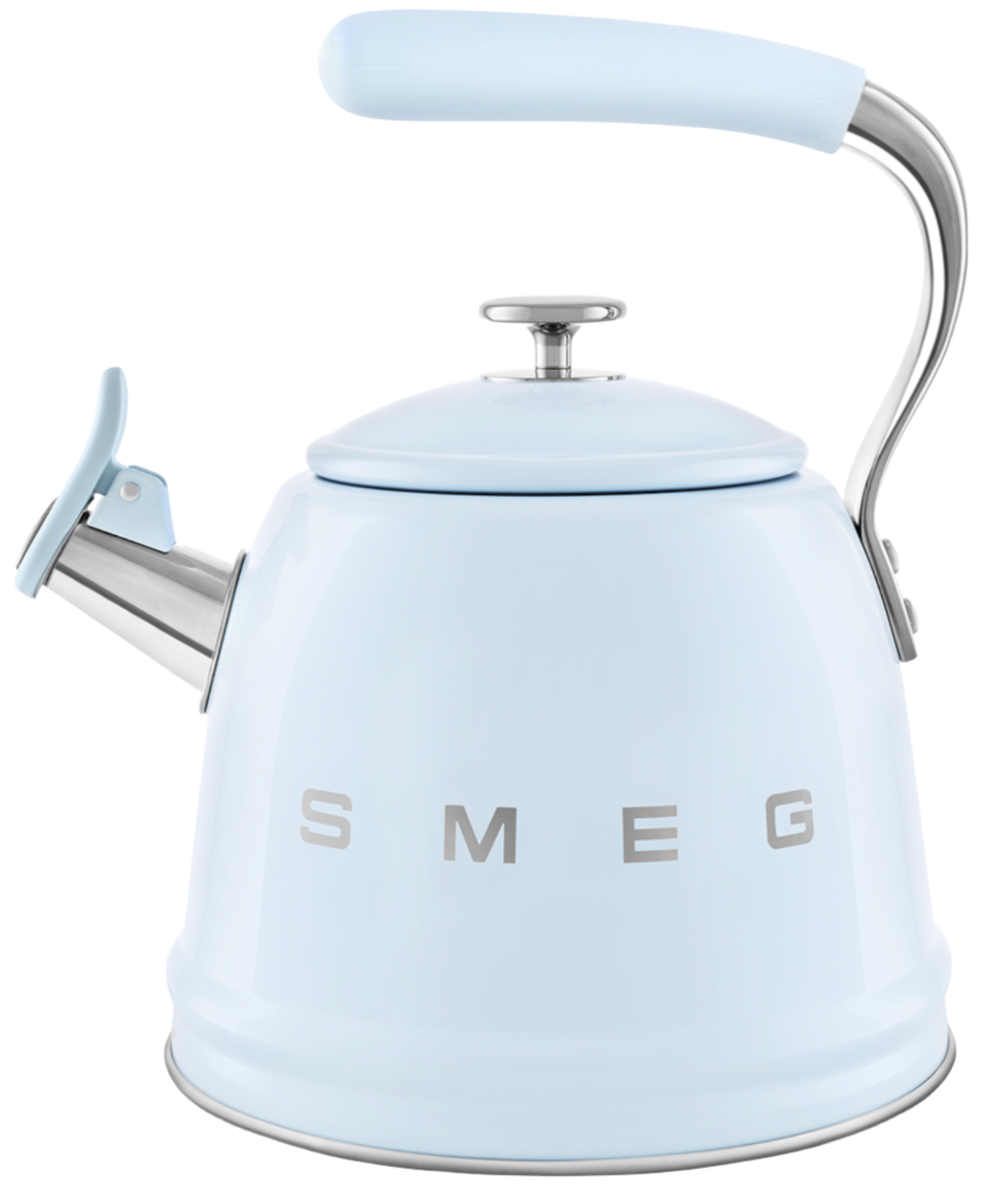 A light blue Smeg SMEG Whistling Kettle Collection with a silver spout, an ergonomic handle, a lid with a knob, and large capacity for boiling water.