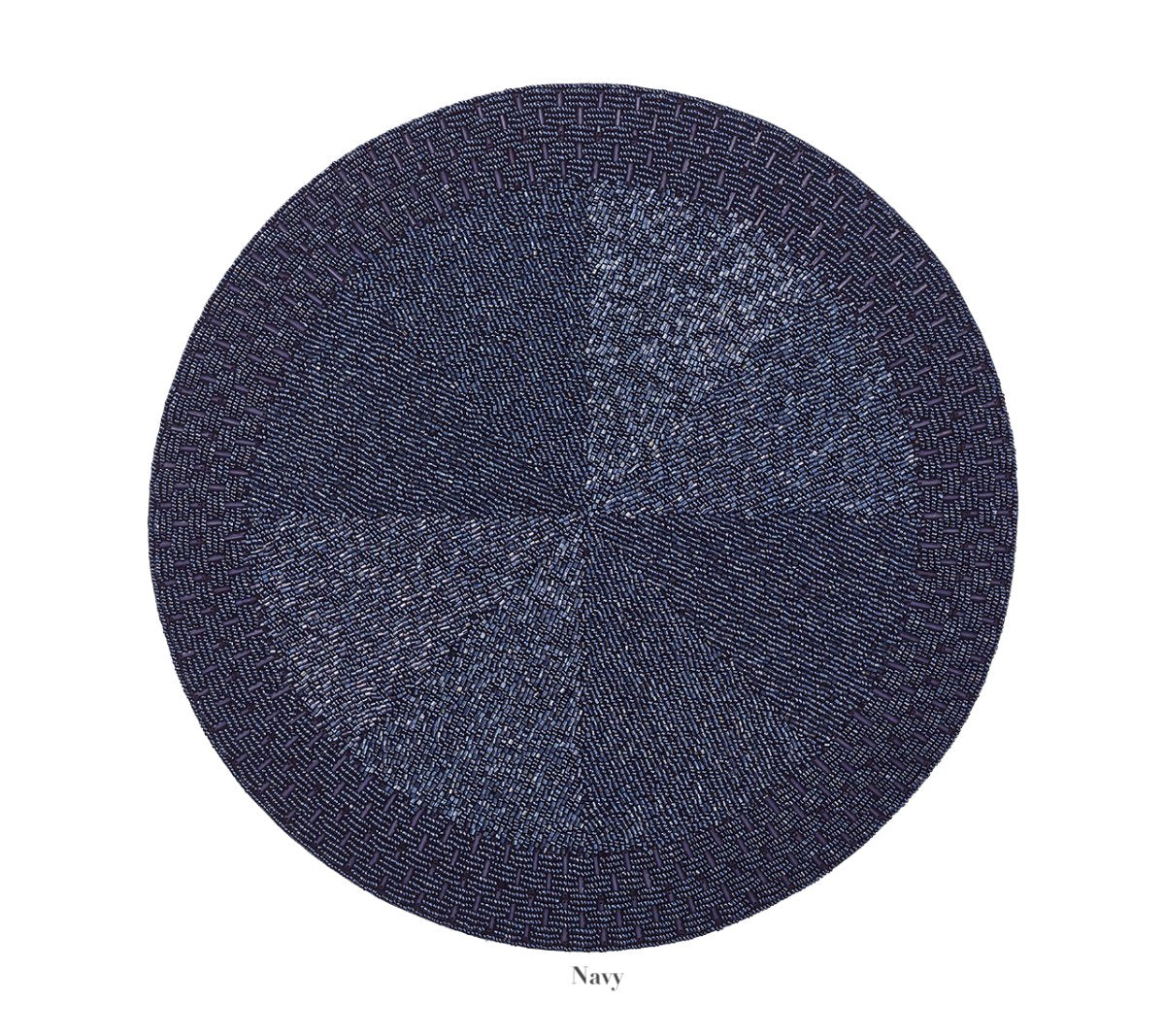 Round, dark blue Palisade Placemat by Kim Seybert with a subtle textured pattern, shown on a white background. Ideal as a beaded placemat for formal events. The color "Navy" appears below the placemat.