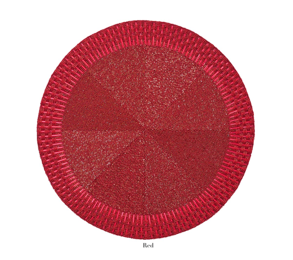 The Kim Seybert Palisade Placemat is a round, woven placemat in solid red, ideal for adding an elegant touch to formal occasions. Displayed on a white background.