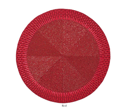 The Kim Seybert Palisade Placemat is a round, woven placemat in solid red, ideal for adding an elegant touch to formal occasions. Displayed on a white background.