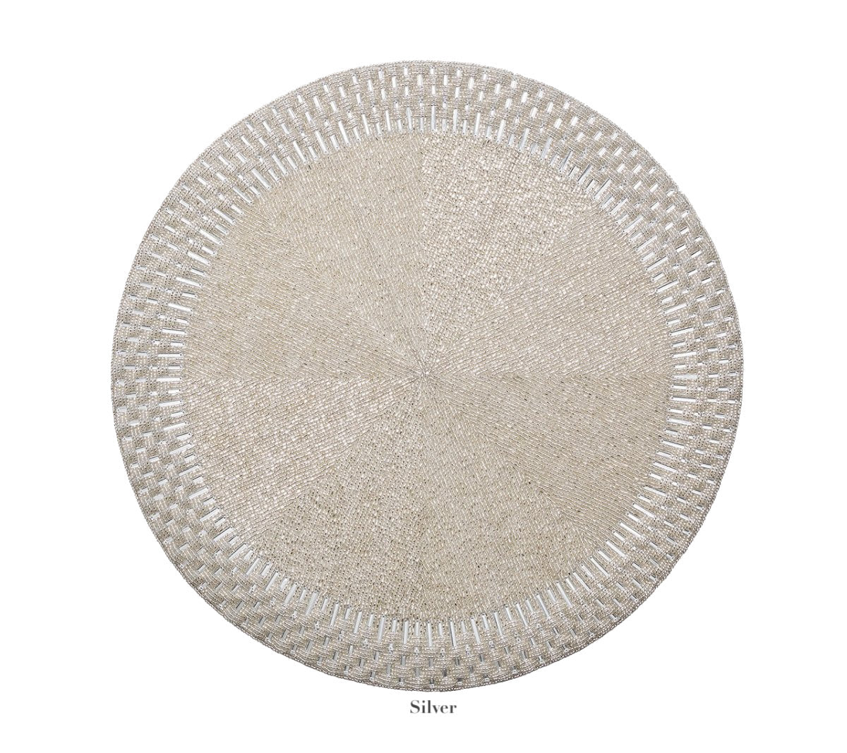 The Kim Seybert Palisade Placemat is a round, silver beaded placemat with a textured woven pattern and raised edges, ideal for formal occasions. Shown on a white background.