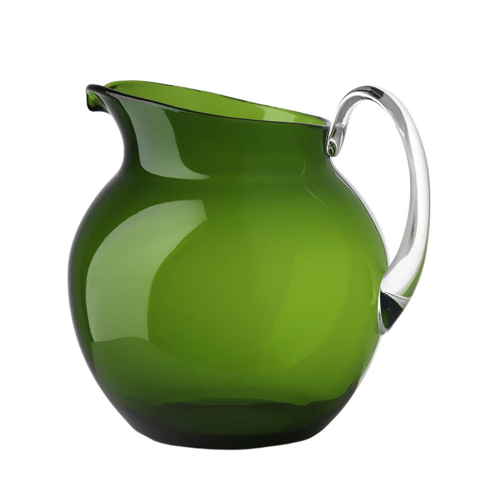 A green pitcher from the Acrylic Palla Pitcher Collection by Mario Luca Giusti, featuring a clear handle, stands out for its harmonious and stylish design against a plain white background.