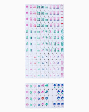 The Oh My Mahjong Palm Beach Mahjong Travel Set features a complete, compact set of tiles neatly arranged by suit and type on a white background.