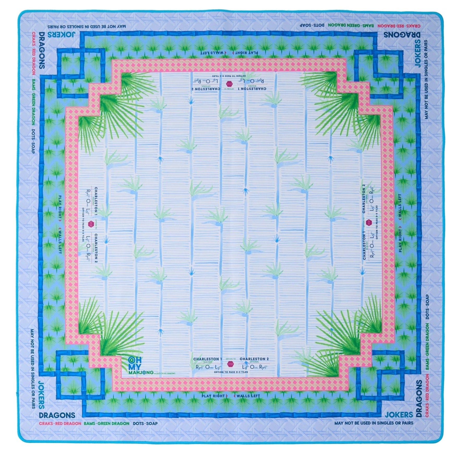 The Mahjong Mat Collection by Oh My Mahjong features a square neoprene, non-slip game board with bamboo designs, blue and pink borders, and marked areas for dragons, jokers, winds, and instructions around the edges.