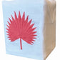 The Palm Leaf Bath Collection tissue box cover by Haute Home is crafted from fine Italian linen and features a red embroidered palm leaf design on the front.