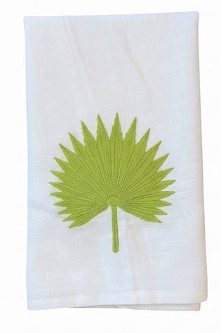 Haute Home Palm Leaf Bath Collection white Italian linen cloth napkin featuring an embroidered green palm leaf design in the center.