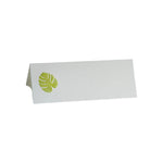 The Palm Leaf Place Card Set by HIVE Home, Gift and Garden features blank Pearl White cards with a small green palm leaf illustration on the left side.