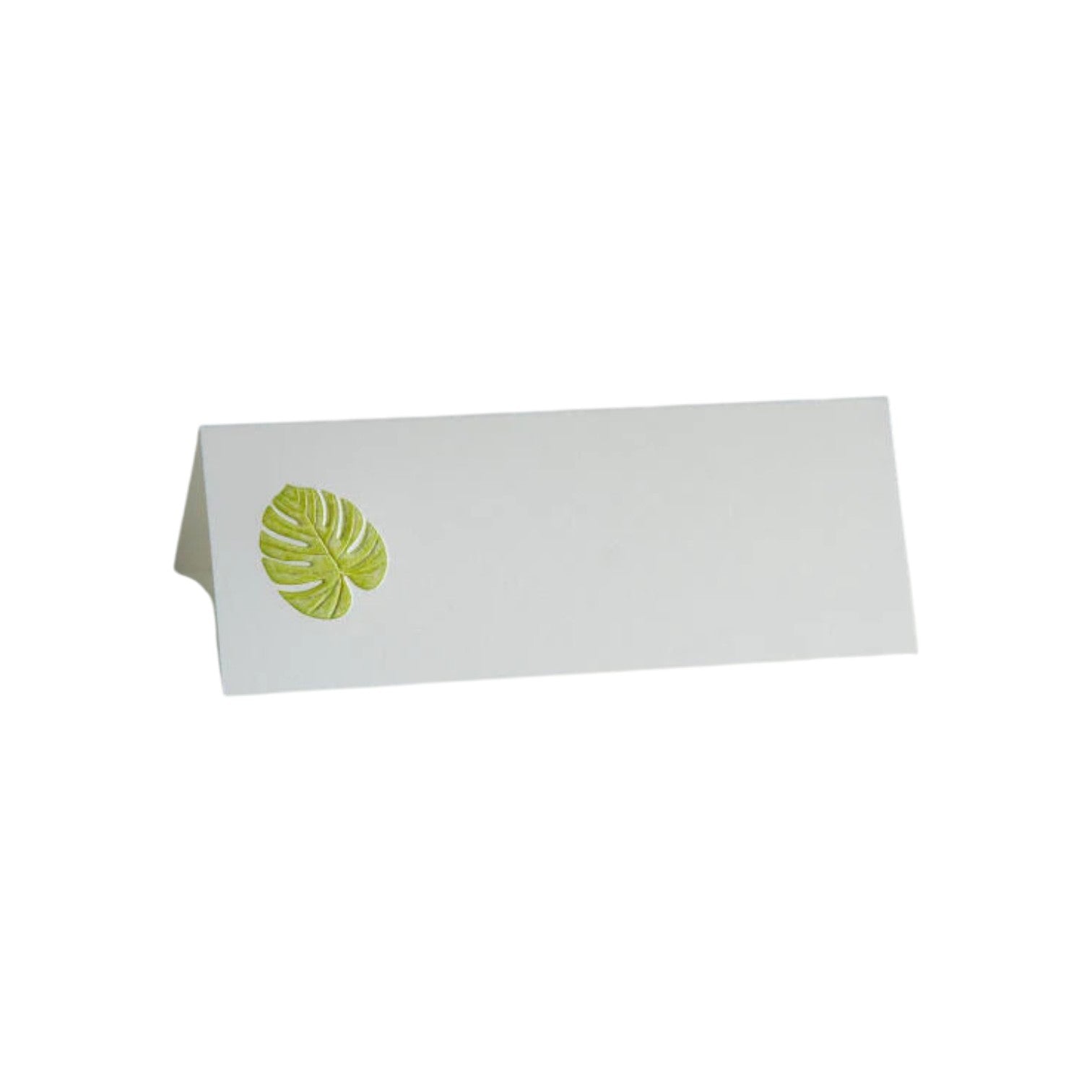 The Palm Leaf Place Card Set by HIVE Home, Gift and Garden features blank Pearl White cards with a small green palm leaf illustration on the left side.