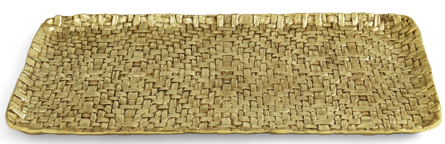 The Michael Aram Palm Rectangle Platter features sculpted textures and an elegant antique gold finish, part of the Palm Collection.