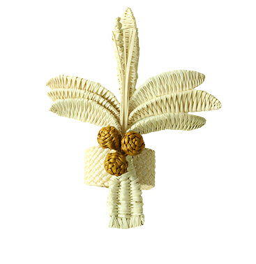 The Duggan Society Palm Napkin Ring is a handwoven Iraca palm ornament with three rounded clusters, styled like a palm tree—perfect as a unique accent for your table setting.