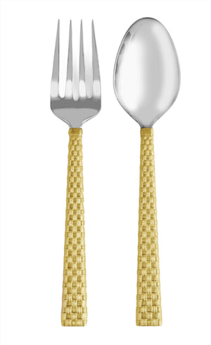 The Michael Aram Palm Serving Set, Gold, featuring sculpted textures and antique gold-finished handles, is displayed side by side on a white background.