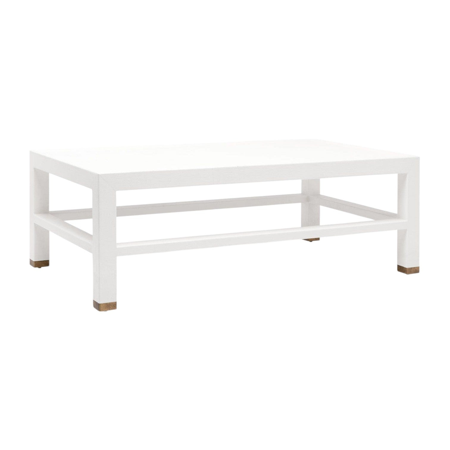 The Made Goods Jarin Coffee Table in Designer White Belgian Linen features a textured rectangular design, lower shelf, four legs with brass accents, and a durable faux linen finish.