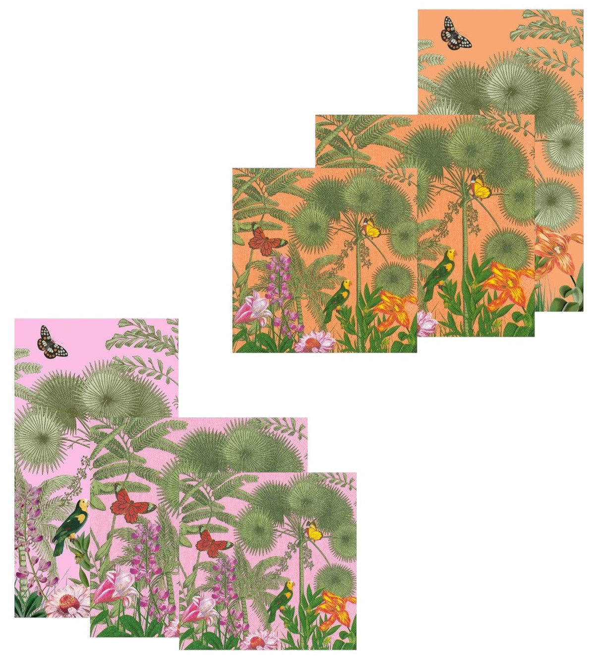 Two sets of botanical art prints—one with an orange, the other a pink background—feature plants, butterflies, and birds. Pair them with Caspari’s Paradise Garden Napkin Collection for a vibrant tropical table setting.