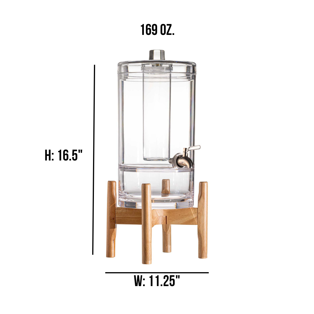 The Bold Aloha Acrylic Beverage Dispenser and Stand features a sturdy metal spigot, wooden stand, measures 16.5" tall by 11.25" wide, and holds up to 169 oz—ideal for serving fruit infused water at any gathering.