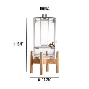 The Bold Aloha Acrylic Beverage Dispenser and Stand features a sturdy metal spigot, wooden stand, measures 16.5" tall by 11.25" wide, and holds up to 169 oz—ideal for serving fruit infused water at any gathering.
