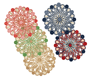 Six round Marisol placemats by Kim Seybert in red, pink, green, gold, blue, and navy overlap on a white background, showcasing intricate patterns reminiscent of hand-dyed table decor.