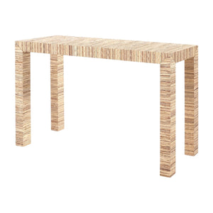 The Bungalow5 Parsons Papyrus Console Table features a rectangular design with four straight legs and a striped, layered wood pattern, embodying modern minimalism.