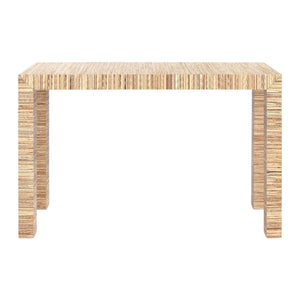 The Bungalow5 Parsons Papyrus Console Table features a rectangular wooden design with a striped, layered texture, modern minimalist lines, straight legs, a papyrus finish, and no visible hardware.