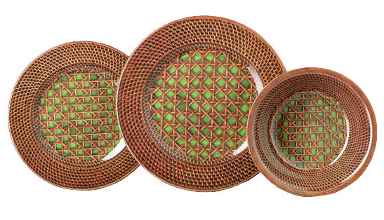 Three plates from the Mario Luca Giusti Patagonia Green Melamine Dinnerware Collection, featuring modern shapes with a green geometric and brown lattice design, are arranged side by side in descending size.