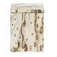 Bisbee Bath Collection rectangular box with a lid featuring a cream and dark brown birdseye burl veneer in a mottled pattern.