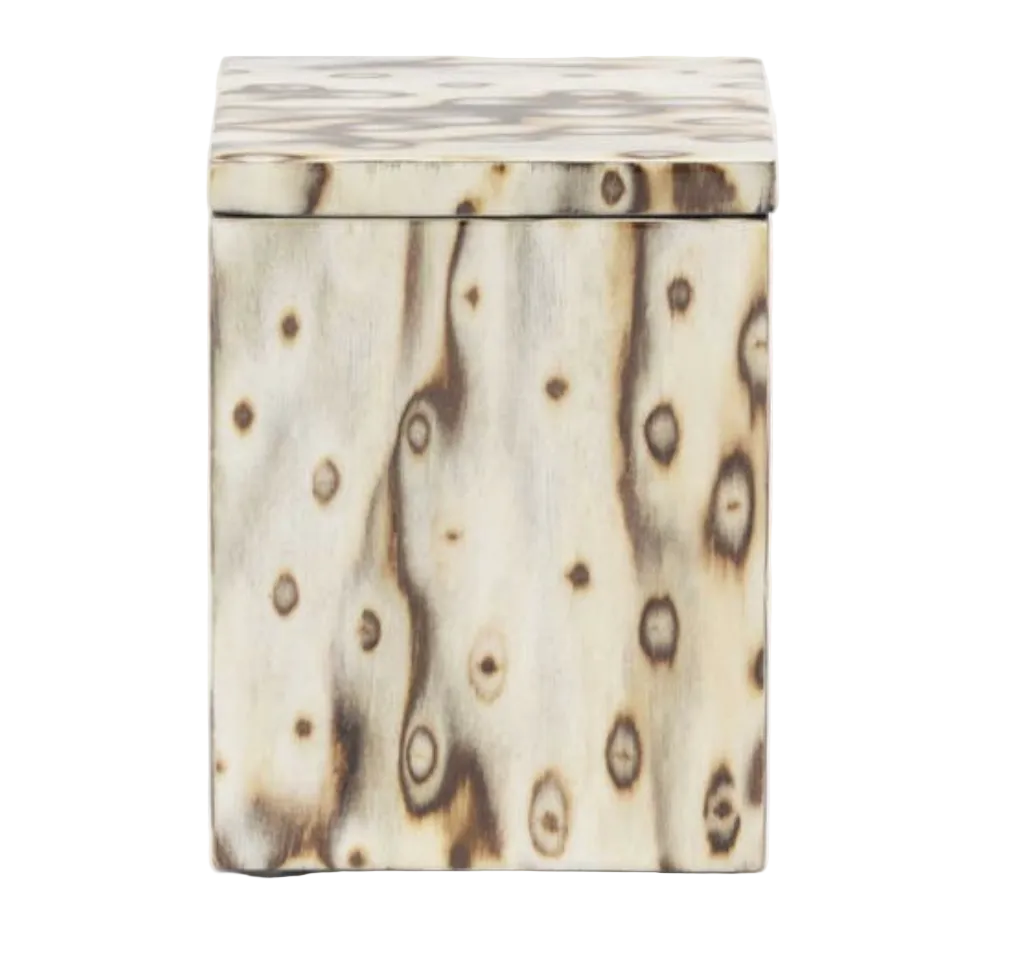 Bisbee Bath Collection rectangular box with a lid featuring a cream and dark brown birdseye burl veneer in a mottled pattern.