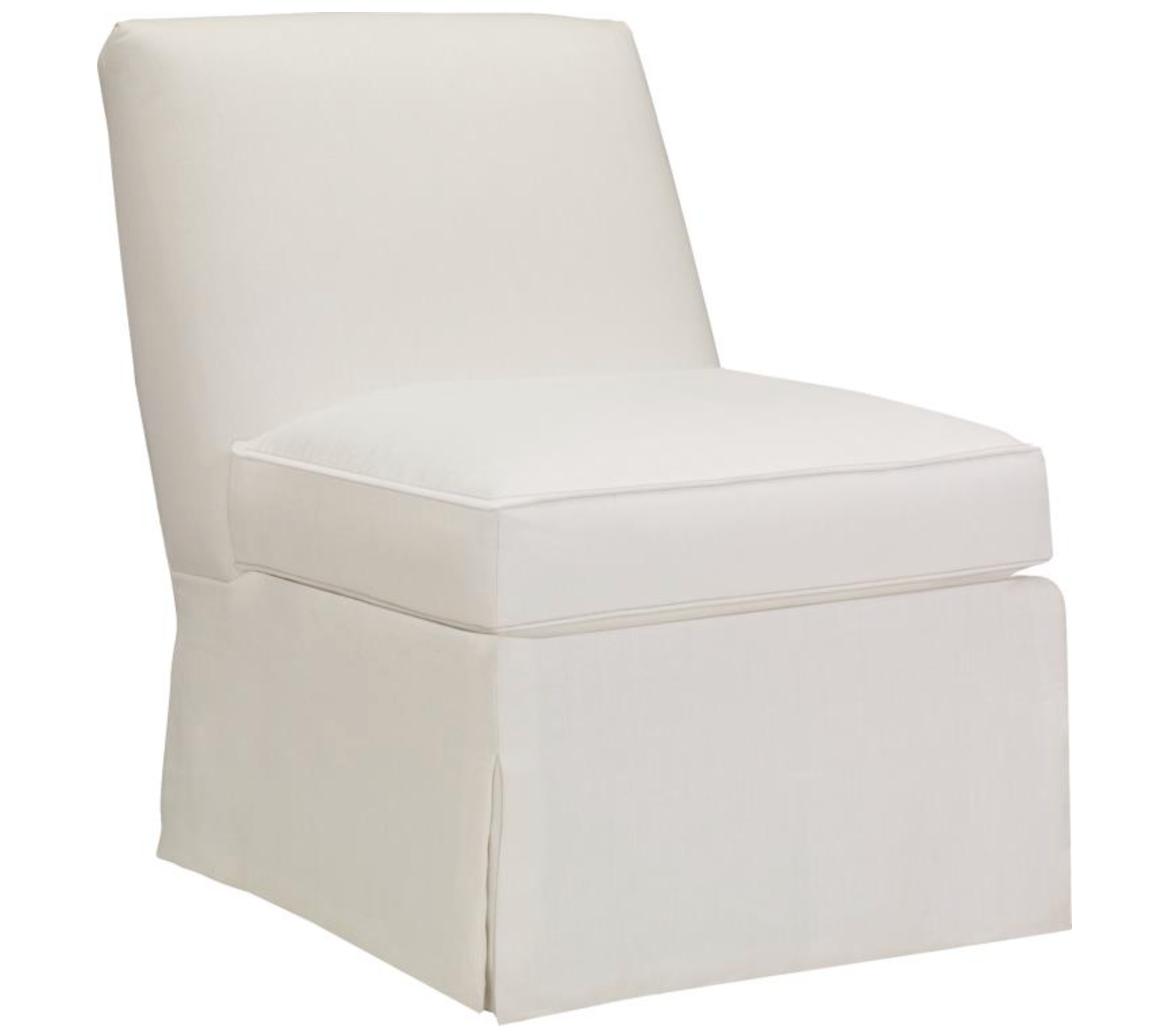 The Hickory Chair Armless Dressmaker Chair features an upholstered design with a white fabric slipcover, a tailored dressmaker skirt, straight back, and a plush spring-down seat cushion, shown on a plain white background.