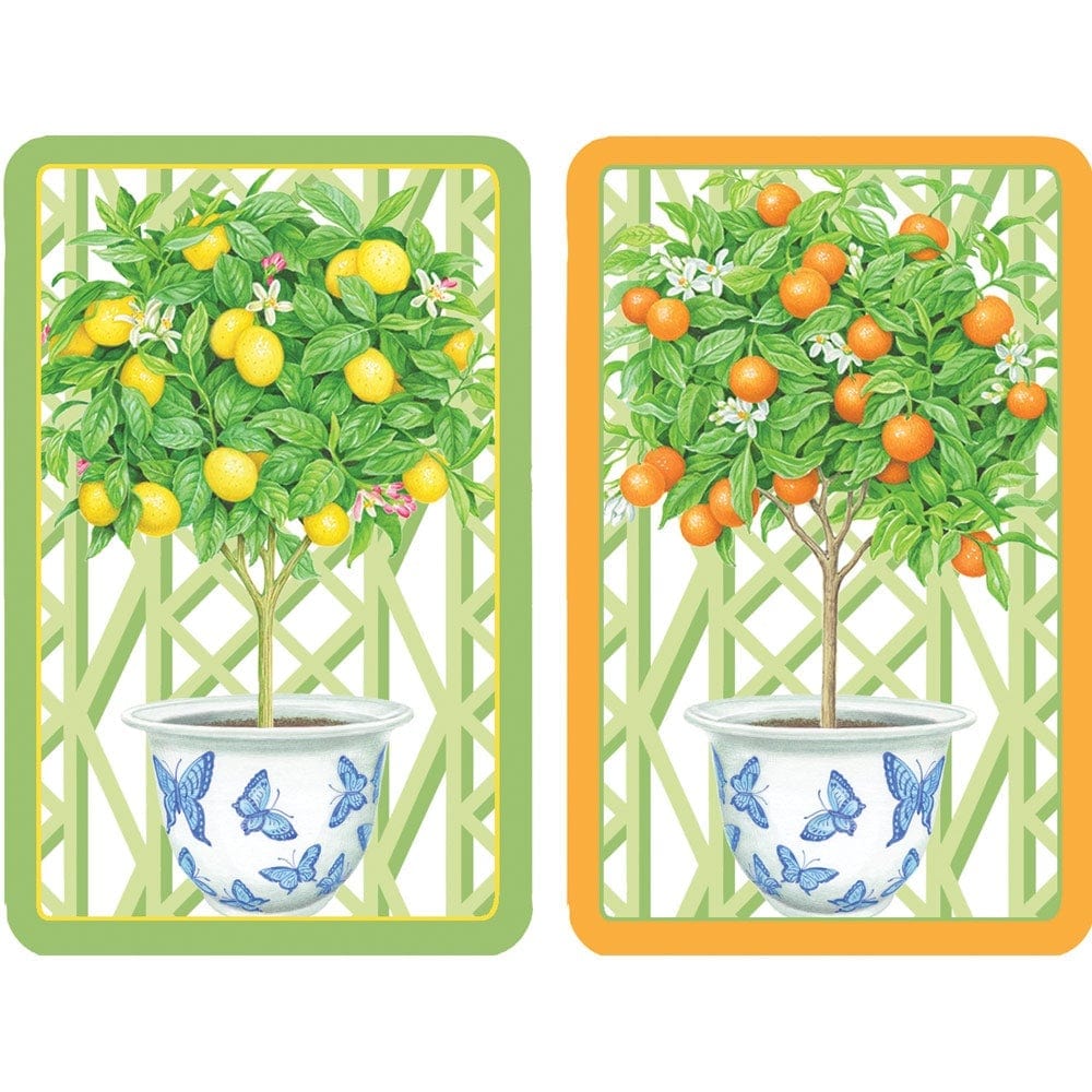 Two citrus topiaries—one with yellow lemons, one with orange fruits—stand in butterfly-adorned pots. This Caspari Citrus Topiaries Bridge Collection evokes the charm of a friendly group card game.