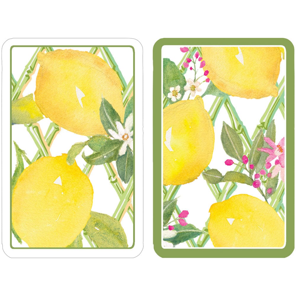 The Limoncello Bridge Collection by Caspari features two cards with watercolor lemons, green leaves, white flowers, and lattice backgrounds. Each card has a green or white border—ideal for a friendly competition or group card game.