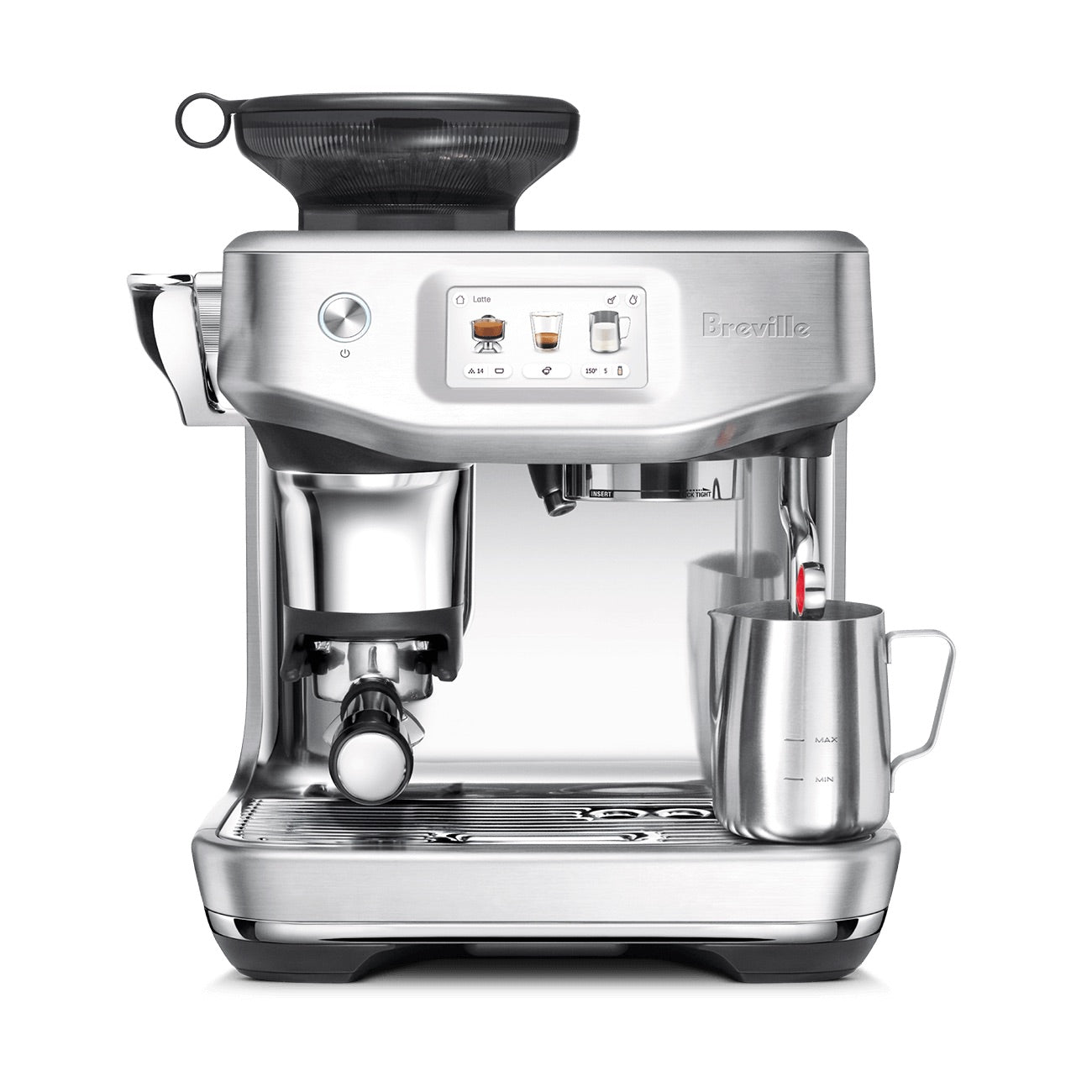 The Breville Barista Touch Impress Espresso Machine features a stainless steel design, digital display, built-in grinder, Impress Puck System, portafilter, and a steam wand frothing milk in a metal cup.
