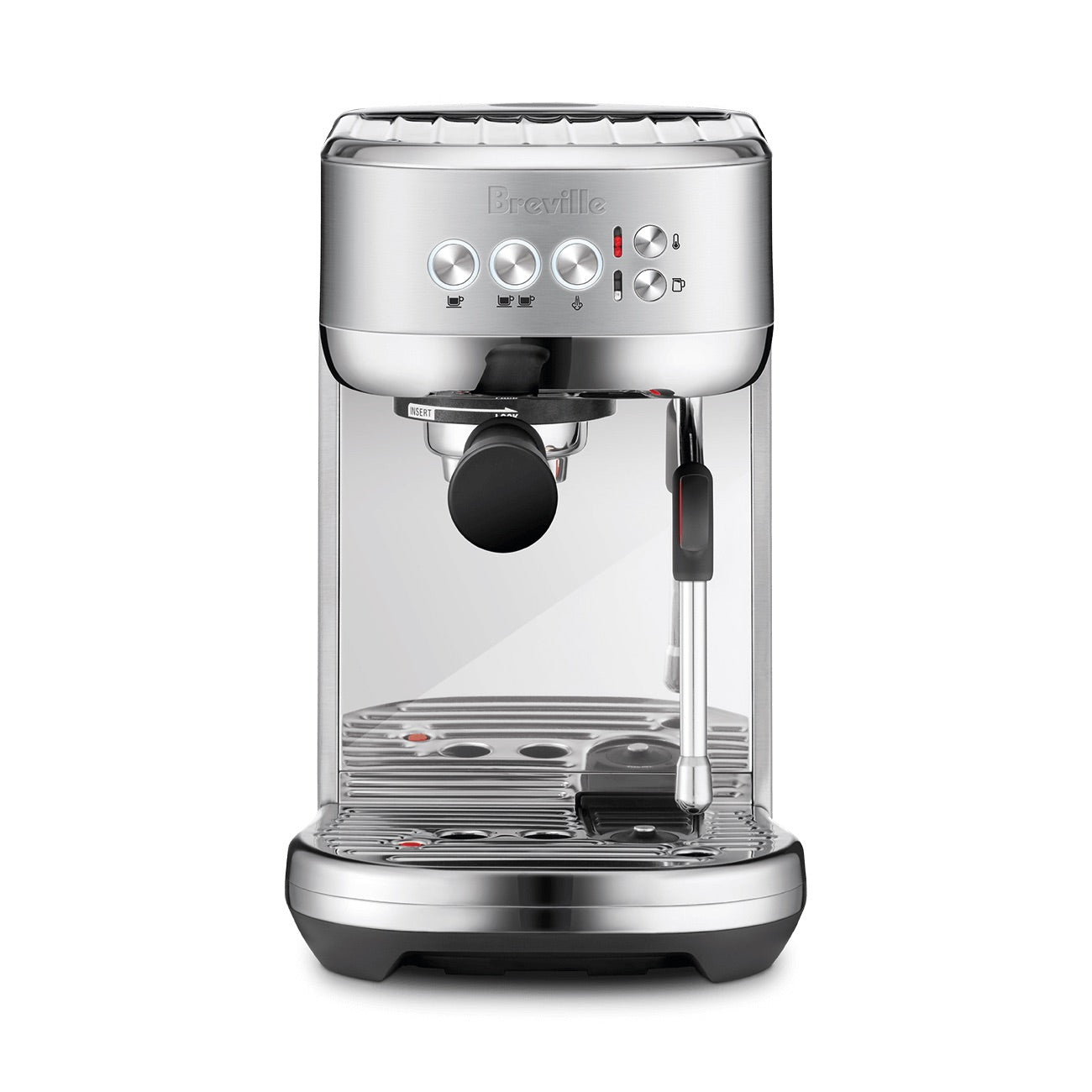 The Breville Bambino Plus Espresso Machine, shown front-facing on a white background, features control buttons, a portafilter, ThermoJet heating, automatic steam wand, and drip tray—ideal for specialty coffee lovers.