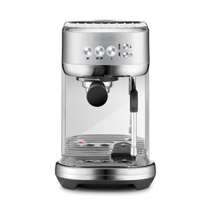 The Breville Bambino Plus Espresso Machine, shown front-facing on a white background, features control buttons, a portafilter, ThermoJet heating, automatic steam wand, and drip tray—ideal for specialty coffee lovers.