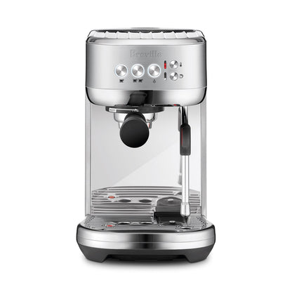 The Breville Bambino Plus Espresso Machine, shown front-facing on a white background, features control buttons, a portafilter, ThermoJet heating, automatic steam wand, and drip tray—ideal for specialty coffee lovers.