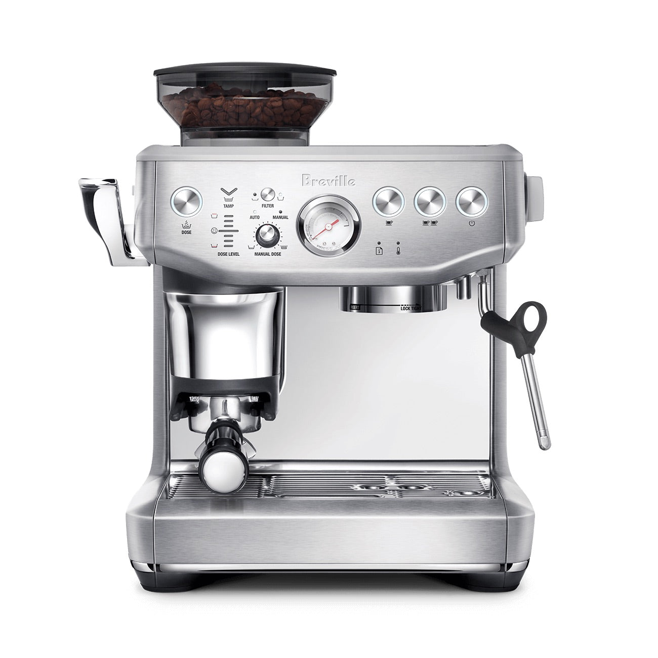 The Breville Barista Express Impress Espresso Machine, shown on a white background, features stainless steel construction, a built-in grinder, steam wand for microfoam milk, and easy control buttons.
