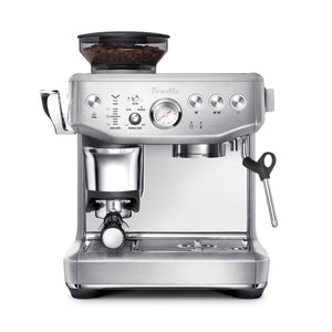 The Breville Barista Express Impress Espresso Machine, shown on a white background, features stainless steel construction, a built-in grinder, steam wand for microfoam milk, and easy control buttons.