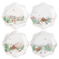 Four white scalloped appetizer plates from the Juliska Berry & Thread North Pole Serveware Collection, each featuring a hand-painted winter village scene with snowy mountains, pine trees, and a reindeer.