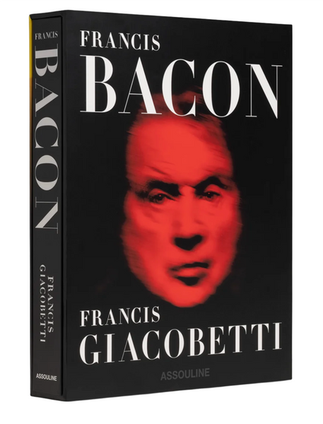 Book titled "Francis Bacon" with a blurred red image of a face on the cover. The spine of the book displays the same title and the photographer's name, Francis Giacobetti. Published by Assouline in collaboration with Marlborough Gallery.